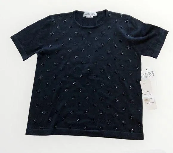 Vintage 80s 90s Outlander Sequin Black Flower Sweater Top Women's Small Chic New - Image 1