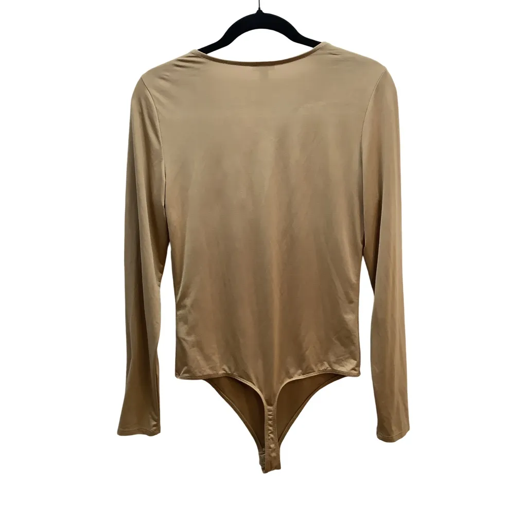 Express Size Medium Tan Body Contour Long Sleeve Thong Bodysuit, Preloved. - Image 2