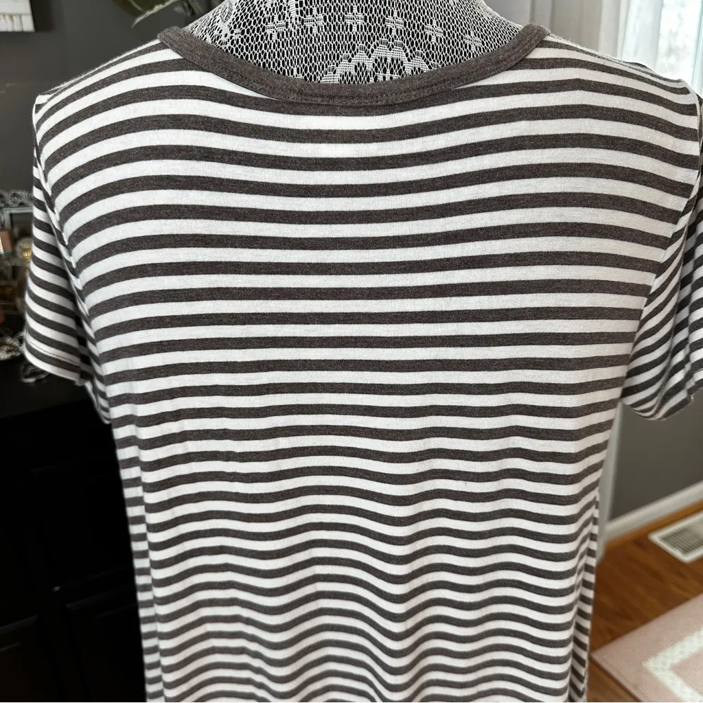 LuLaRoe Carly Striped Swing Dress Gray Brown Ivory Pocket Soft Stretch Medium - Image 8