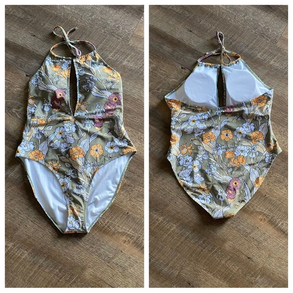 Swimsuit Halter One Piece NEW Olive Floral 1XL Beach - Image 4