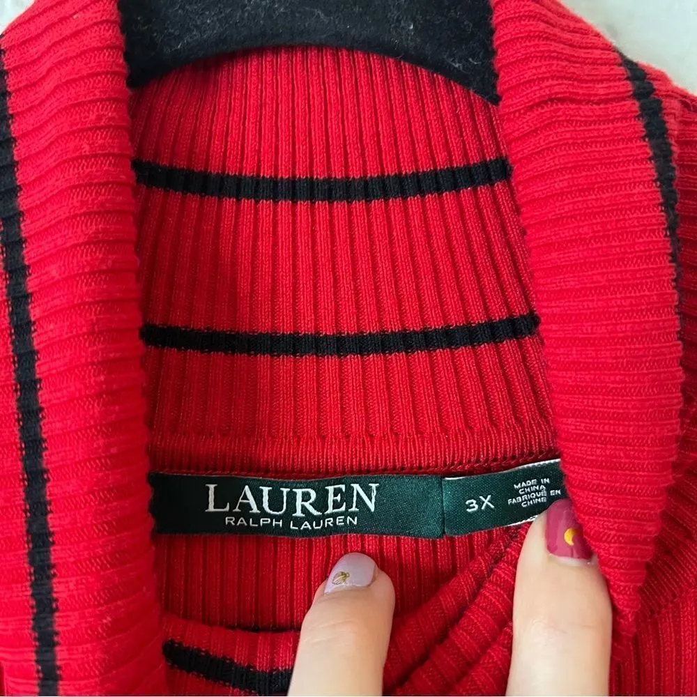 Lauren Ralph Lauren Striped Cotton Blend Ribbed Turtleneck Sweater Red Size 3X - Image 5