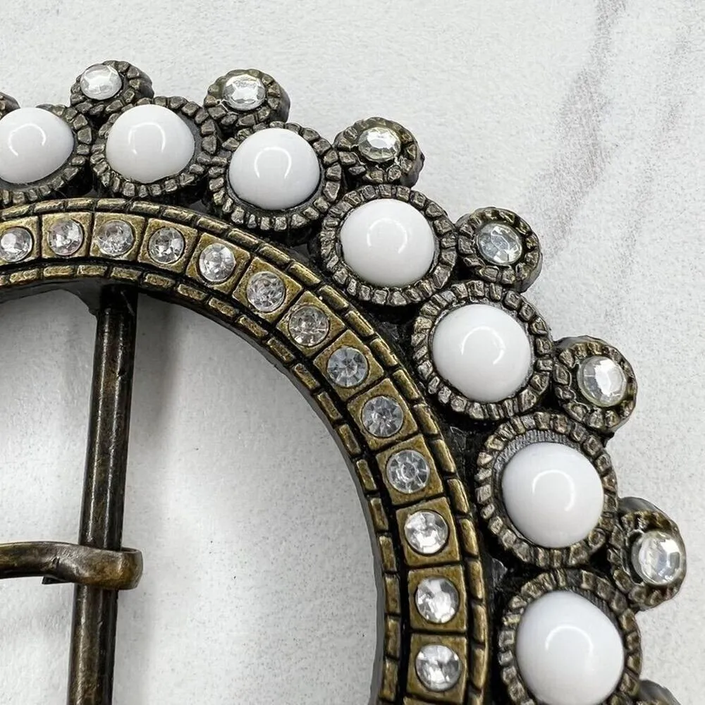 Bronze Tone Rhinestone Bling Faux Cabochon Round Belt Buckle Gold - Image 5