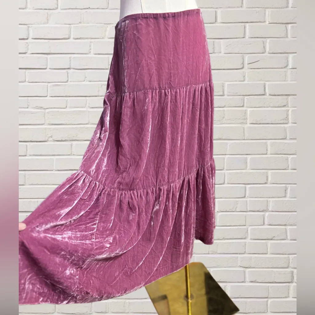 Pink Crushed Velvet Tiered Midi Skirt Boho Romantic Gypsy Cottagecore Size 4 - Image 2
