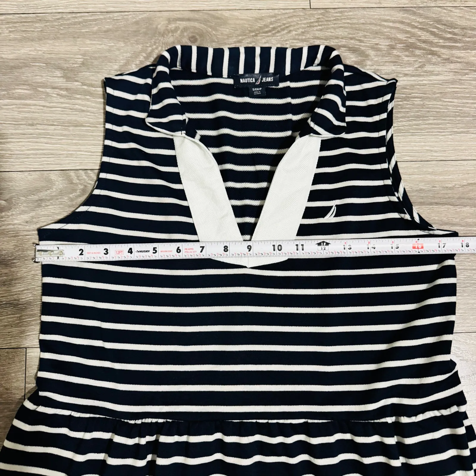 Nautica Jeans Navy White Striped Sleeveless Tiered V Neck Collar Short Dress S Blue - Image 12