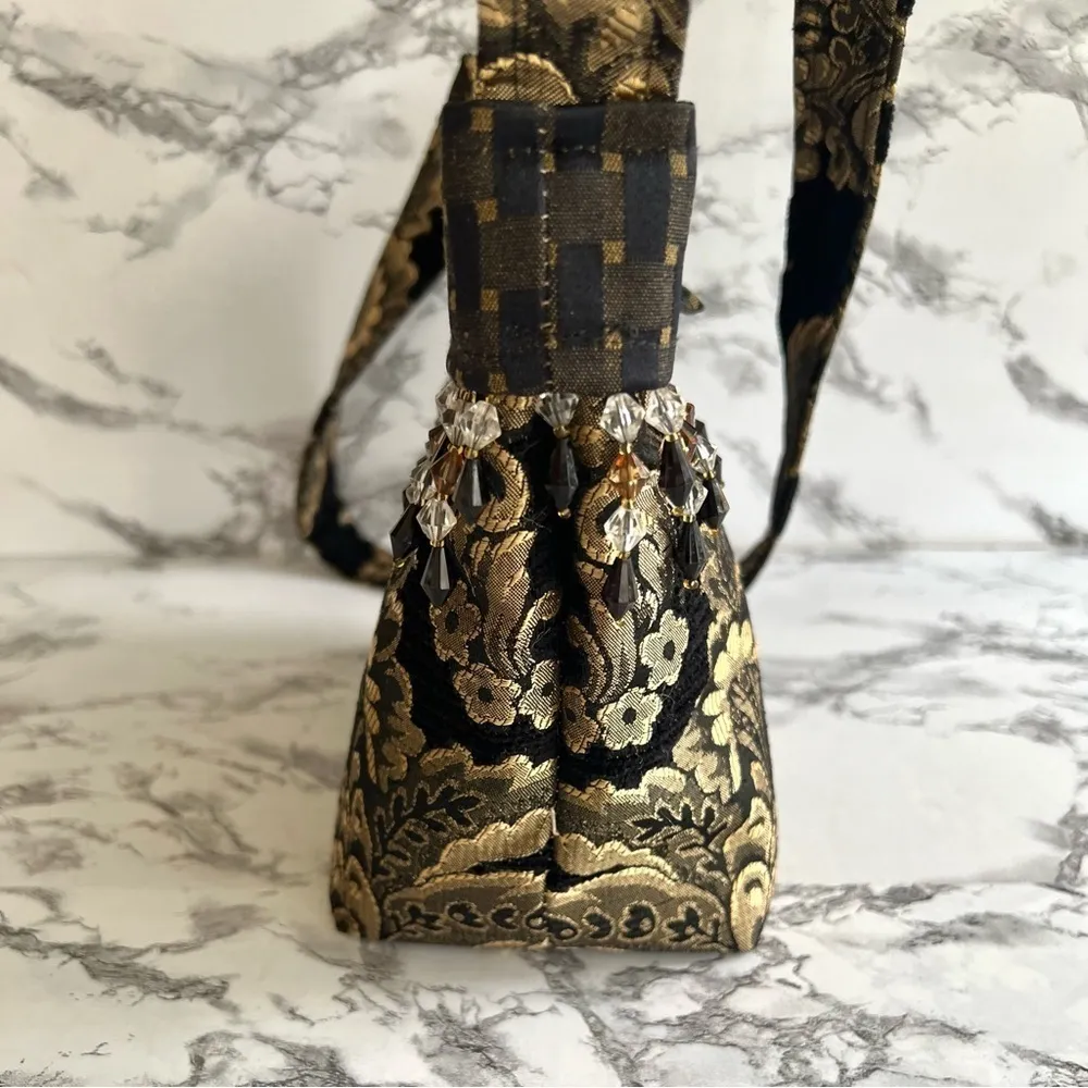 Bag Crossbody Shoulder Artisan Brocade Black Gold Metallic Beaded Tapestry - Image 6
