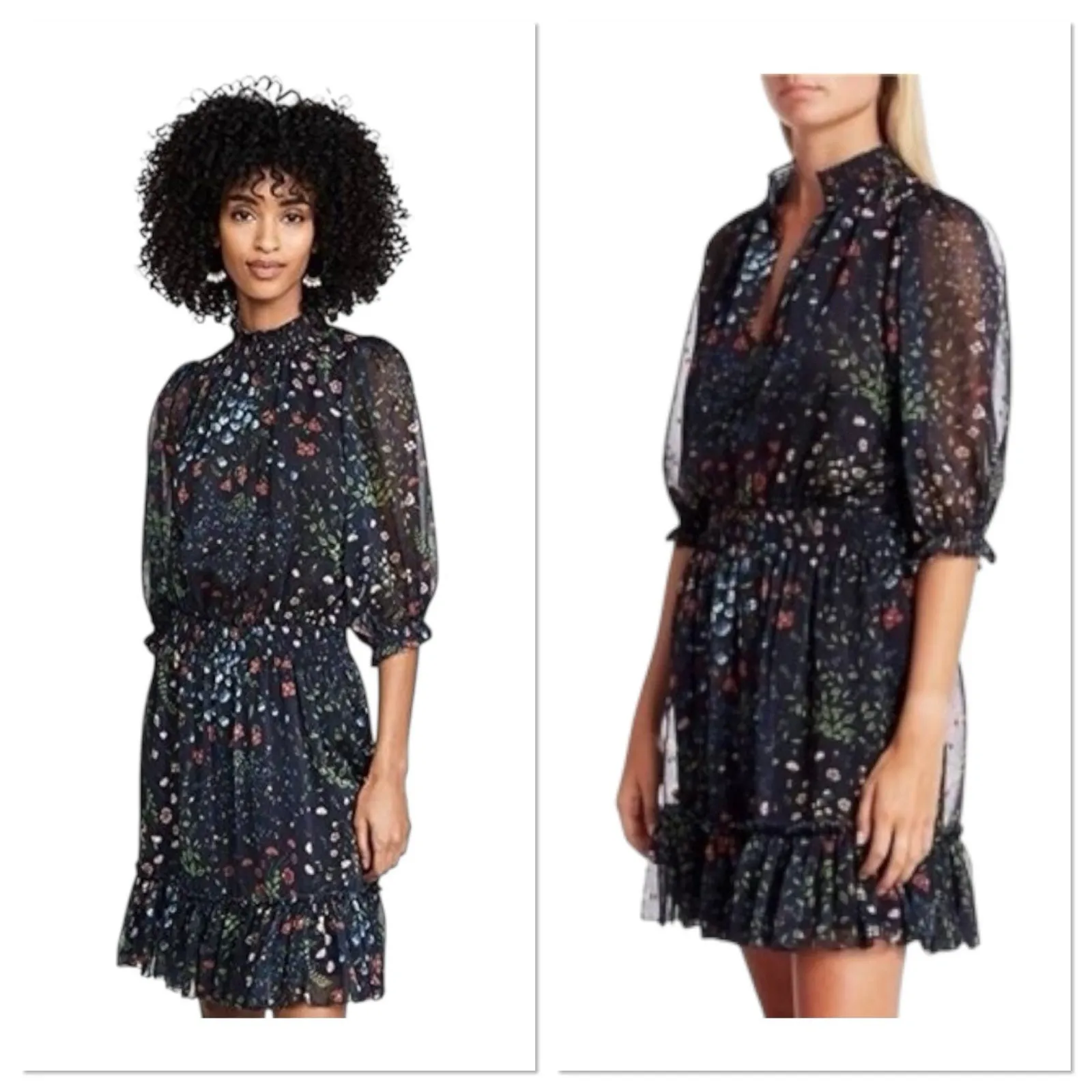 Joie Shima Floral High Neck Smocked Dress Midnight Navy‎ Blue Floral Size Small - Image 2