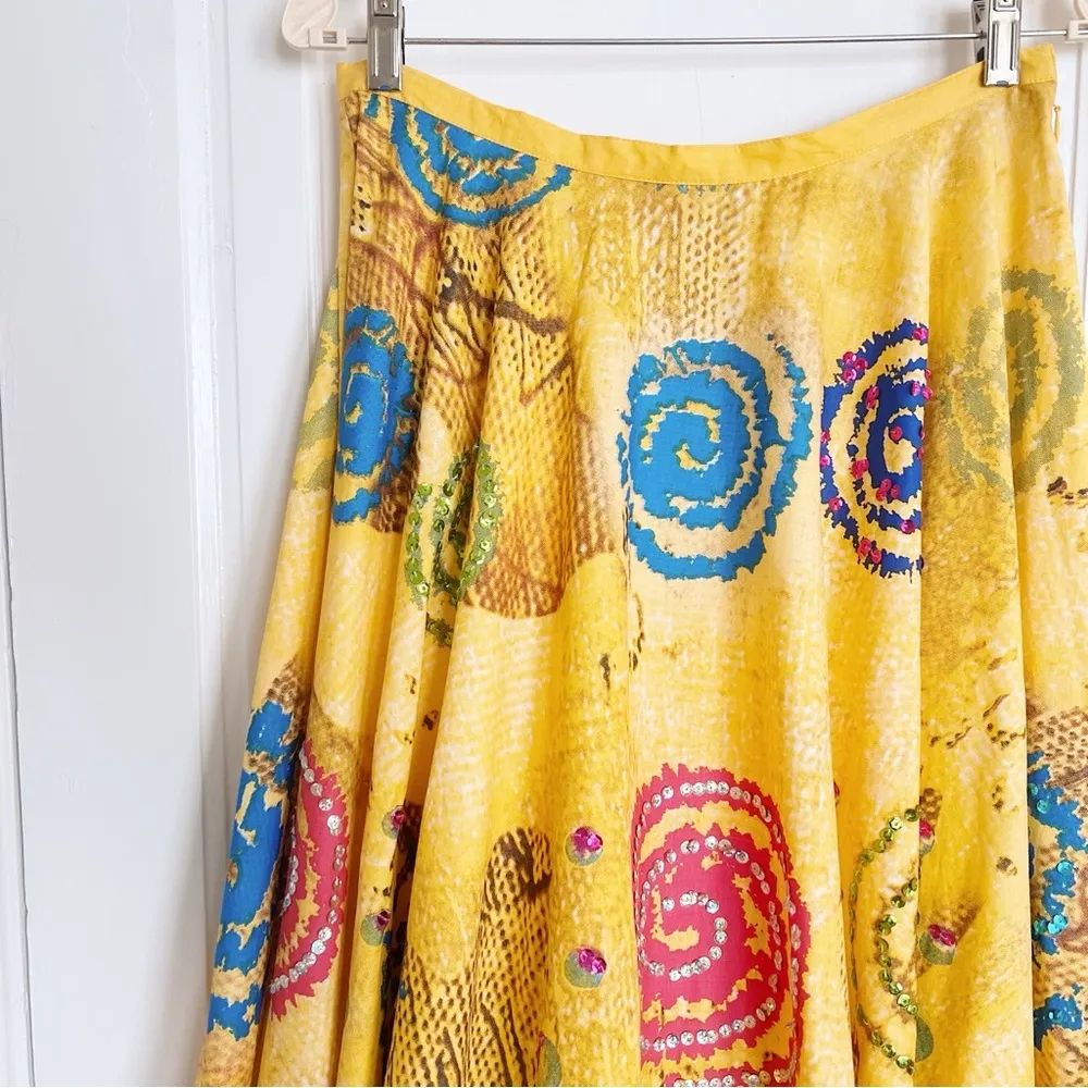 vintage • yellow circle skirt midi sequin spiral colorful print cotton ethnic Size M - Image 3
