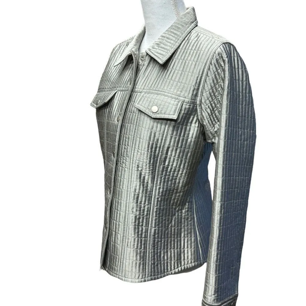Susan Bristol Women's Size M Silver Quilted Snap Closure Blazer Jacket Metallic - Image 7