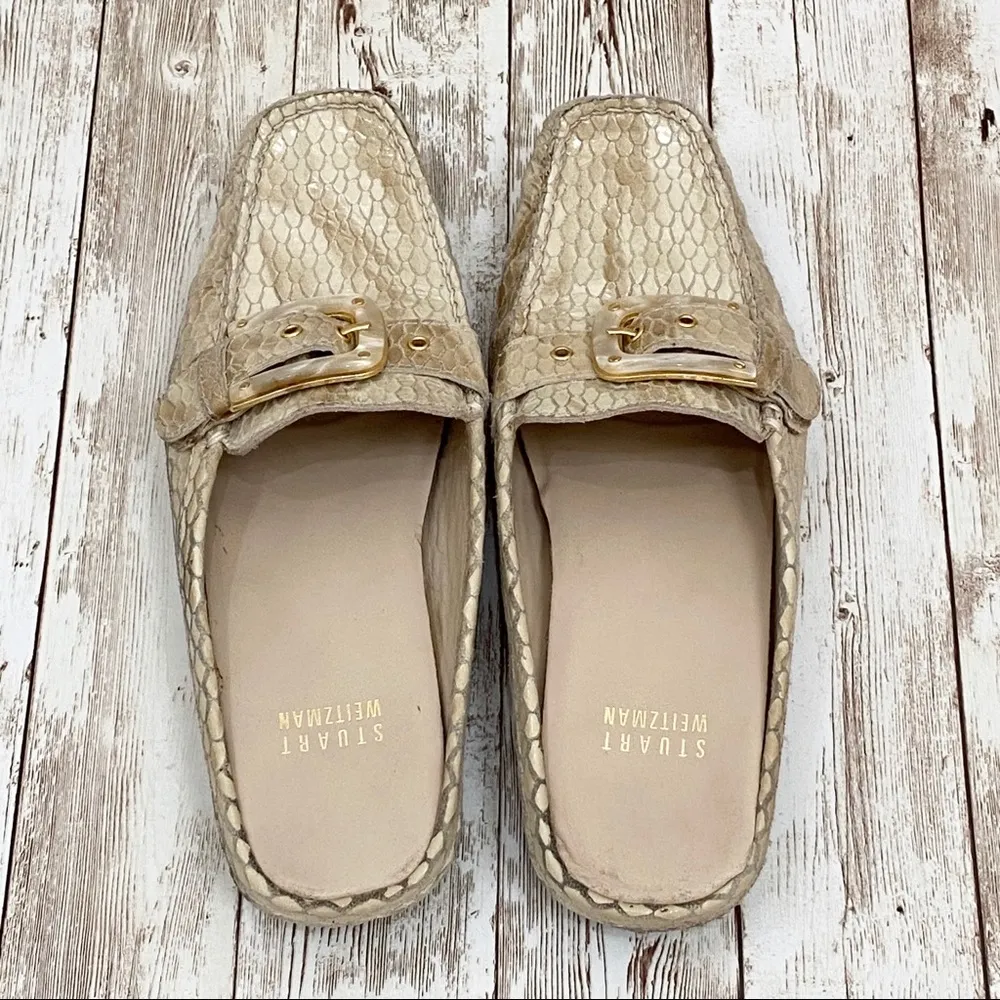 Stuart Weitzman CIA Beige Snakeskin Mules Loafers - Image 5