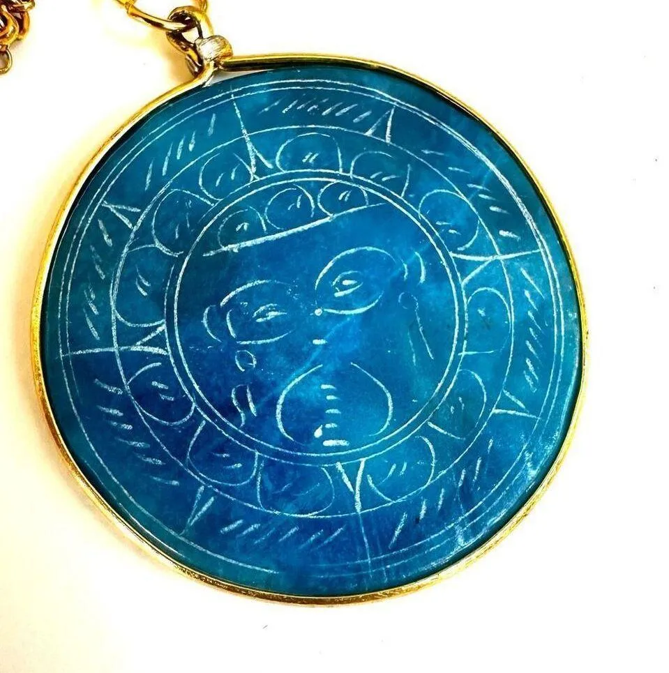 Vintage Carved AZTEC Sun Turquoise tone AGATE Stone Beaded Pendant Necklace Blue - Image 4
