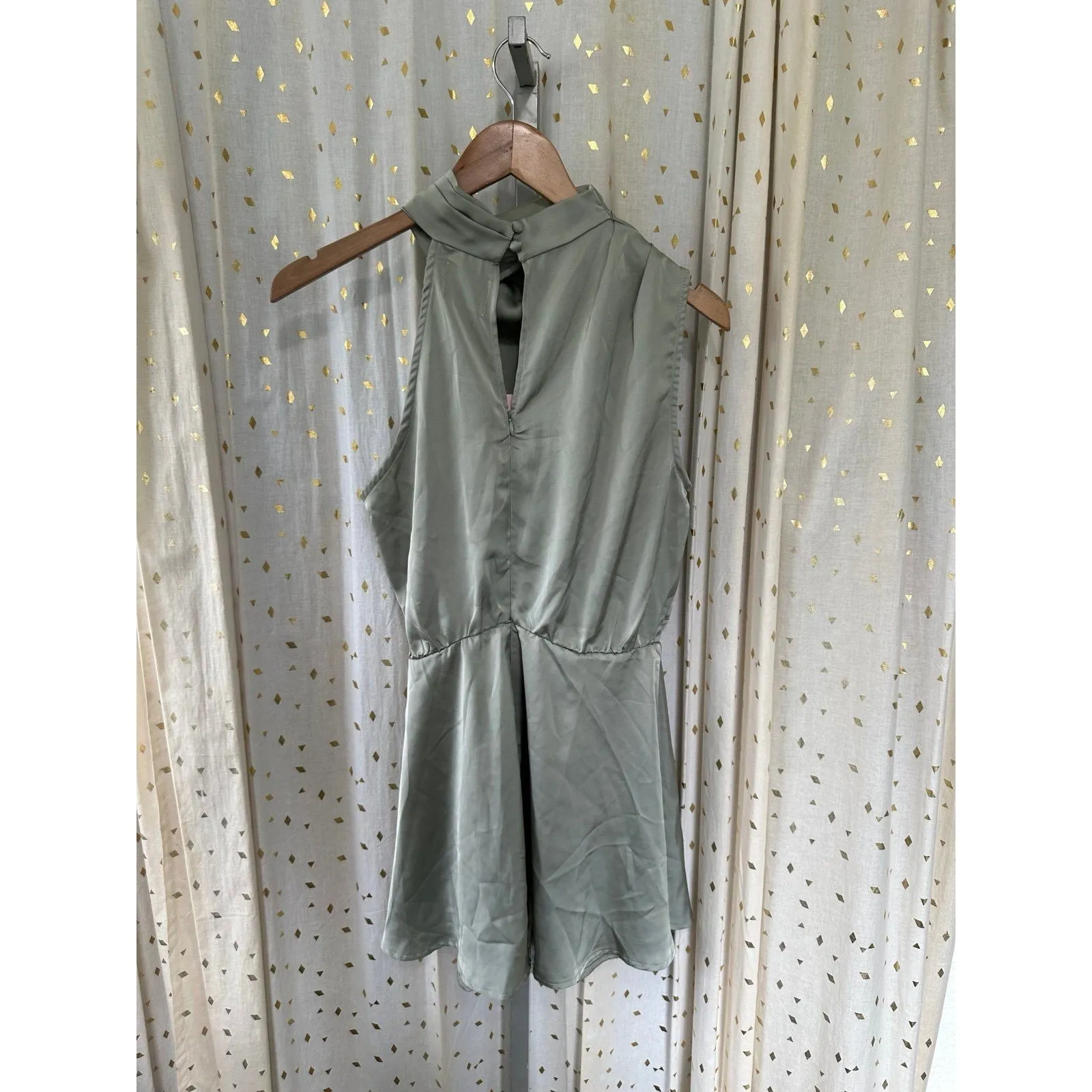 NWT Hello Molly On A Drive Sage High Neck Back Cut Out Satin Romper Playsuit L - Image 6