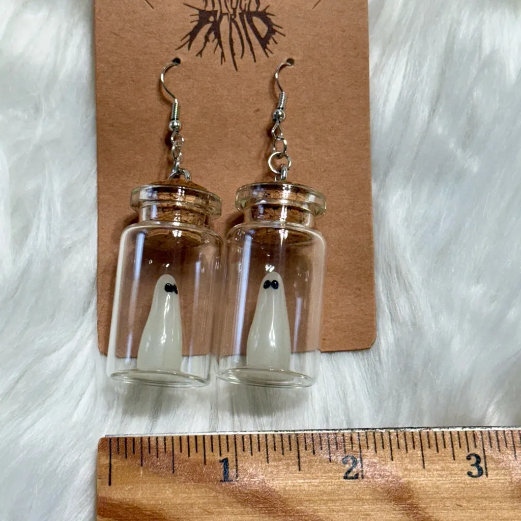 Glow In The Dark Ghost In A Jar Halloween Earrings Dangle Statement New White - Image 4
