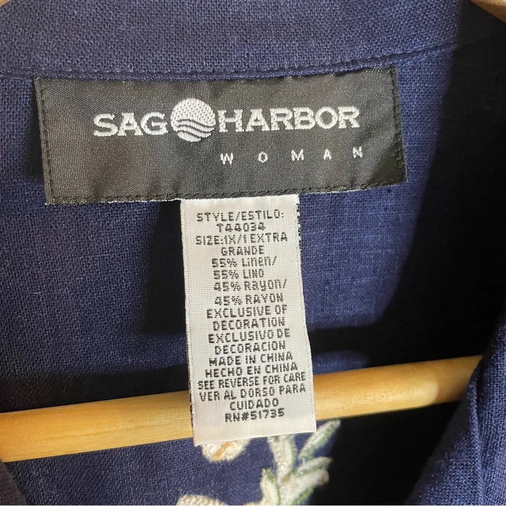 Sag Harbor Dark Blue Linen Blend Top With Floral Embroidery Size 1X vtg y2k - Image 5