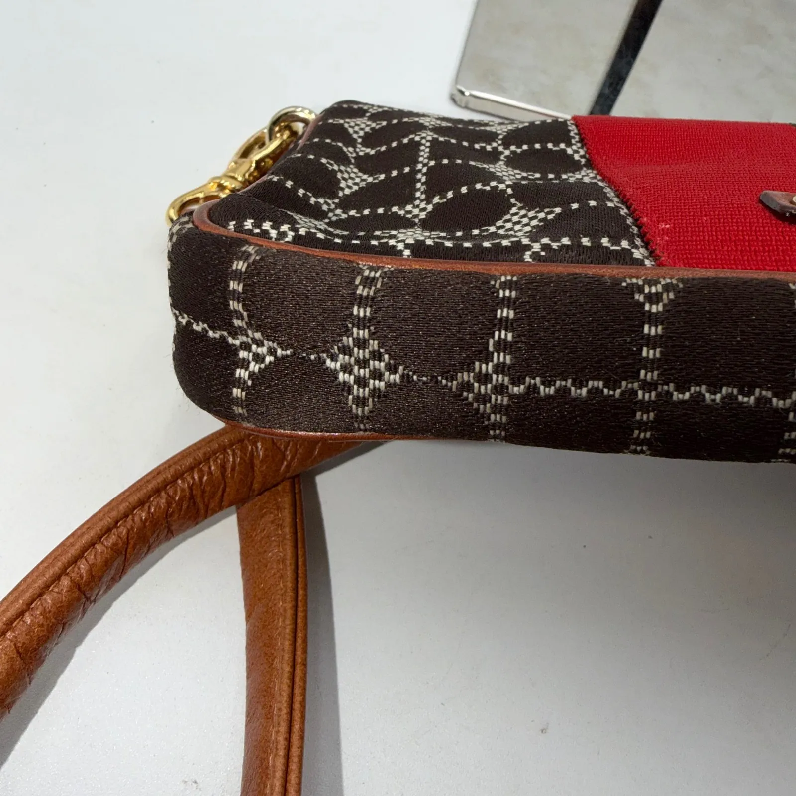 Kate Spade New York Signature Pattern Striped Shoulder Bag Brown Red - Image 11