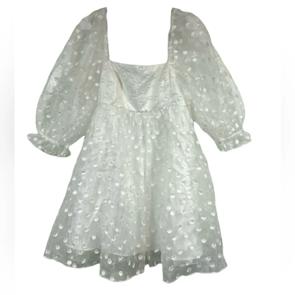 Lulus Effervescent Charm Classic White Organza Floral Babydoll Mini Dress Size M - Image 2