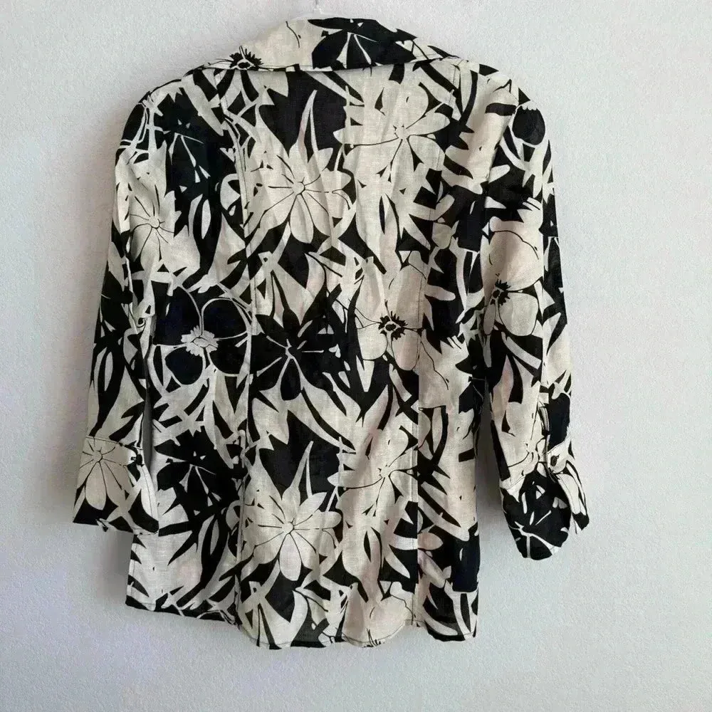 Harve Benard Woman's Black‎ Beige Floral Linen Blend Button Up Blouse Size L - Image 2