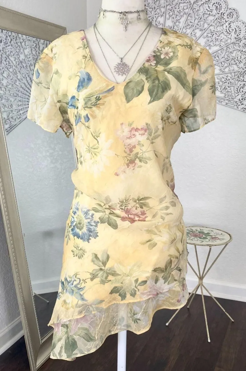 Coldwater Creek Early 2000's Asymmetric Yellow Floral Mesh Blouse Top 16 / XL - Image 1