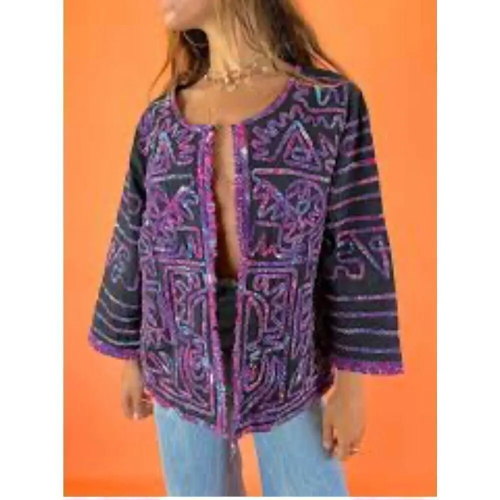 Choices Ruffle Casual Blazer Jacket MEDIUM 100% Cotton Black Purple Teal Fringe - Image 2