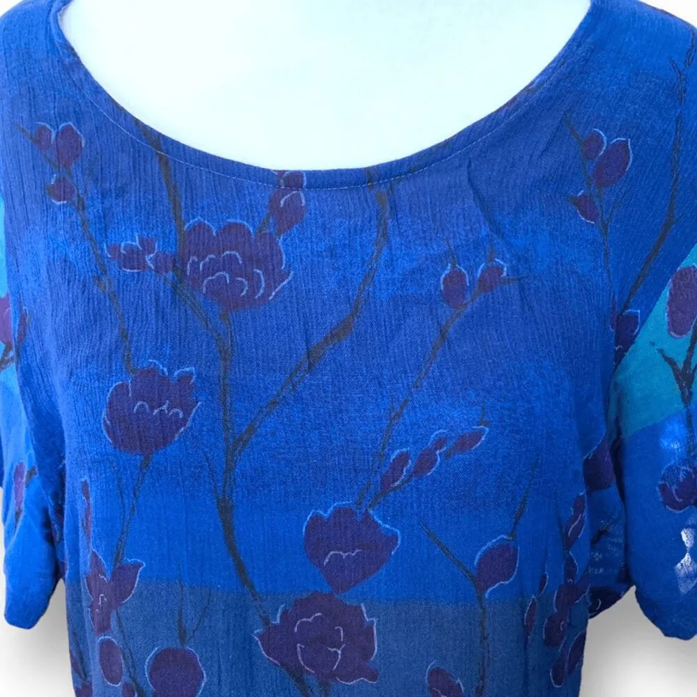 Vintage 90s Ombre Blue Floral Crinkle Dress Short Sleeve Maxi Boho Festival Size M - Image 4