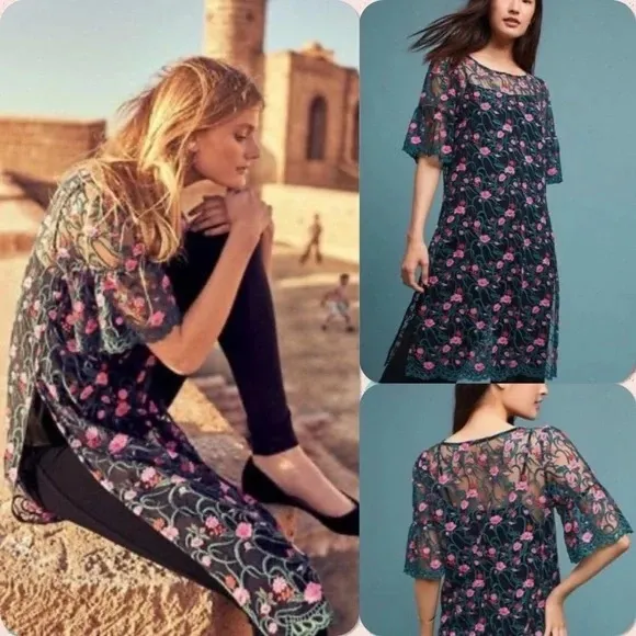 Moulinette Soeurs Dress Womens Small Teal Pink Floral Embroidered Lace Overlay - Image 2