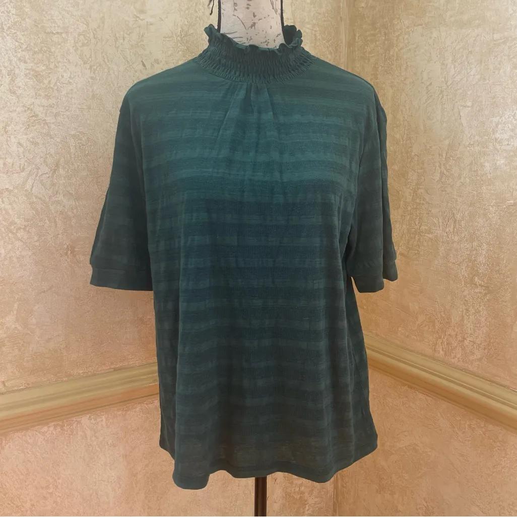 W5 Green striped  short sleeves turtleneck smoked neck top blouse Sz XLarge New - Image 2