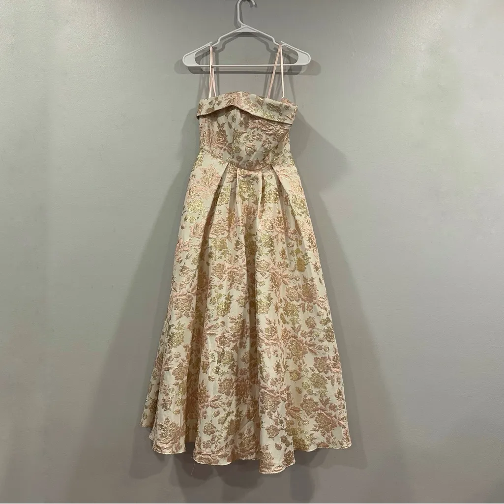 Mac Duggal 68928 Pink White Strapless Floral Brocade Midi Dress sz 2 - Image 3