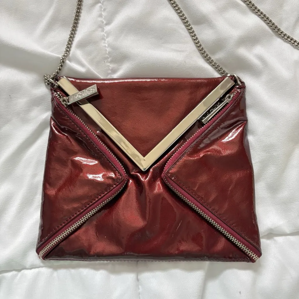 KOOBA Envelope Style Patent Leather Clutch Crossbody Shoulder Chain Dark Red - Image 4