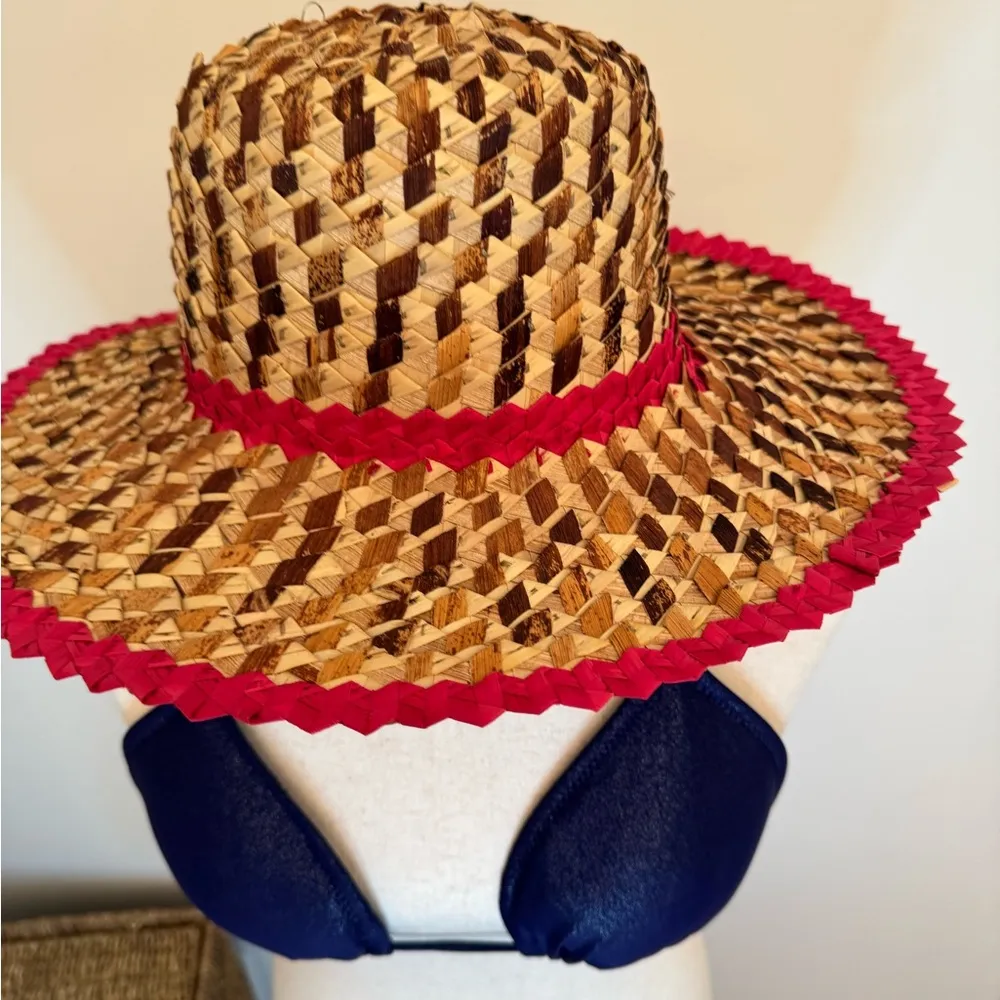 Straw Hat with Red Trim Tan - Image 2