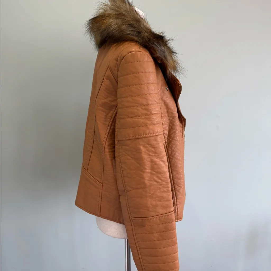 Robert Phillips Faux Leather /Fur moto jacket. Caramel sz L Y2K vintage retro Tan Size L - Image 11