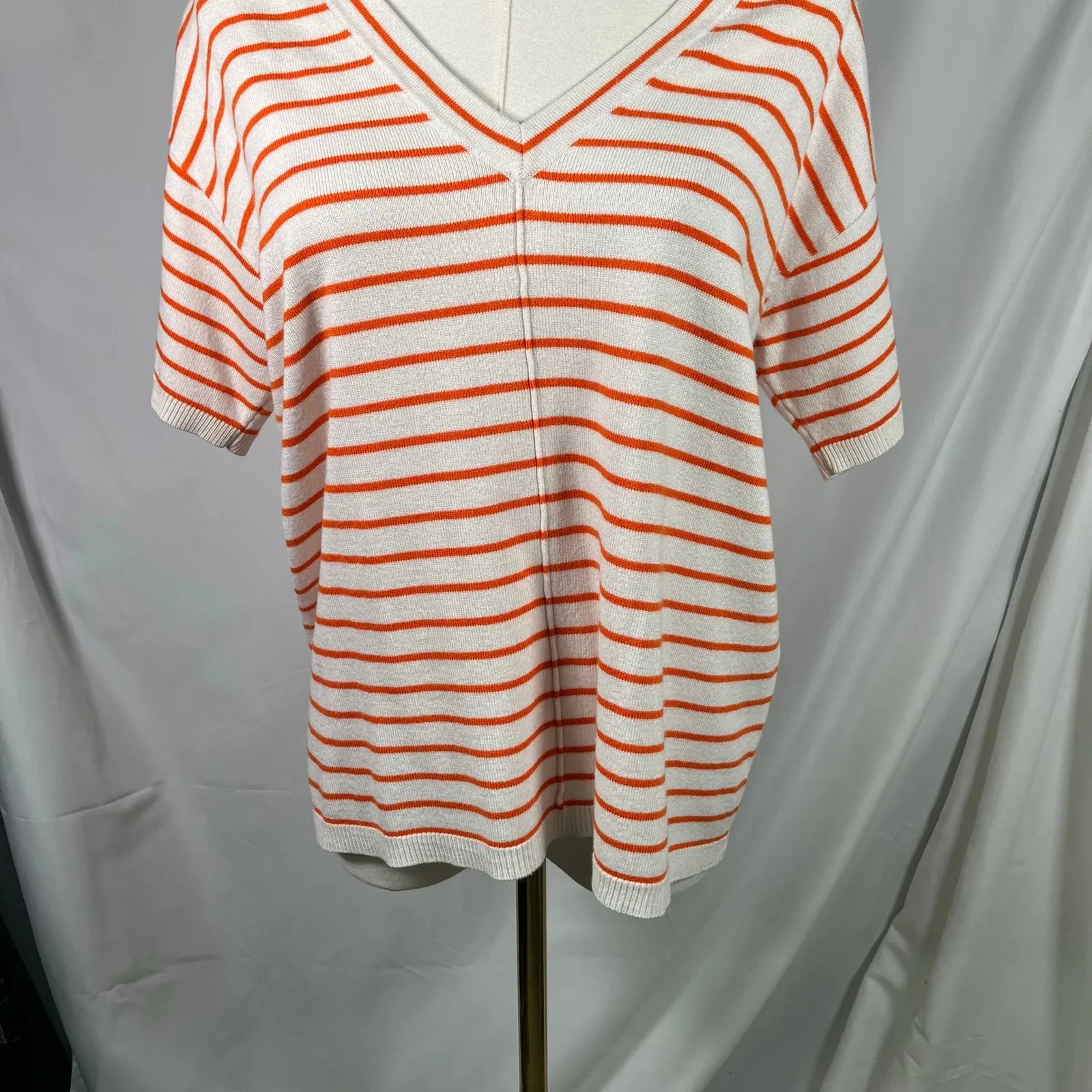 Ann Taylor Orange White Striped V-Neck Sweater Top Size S‎ SP22 Short Sleeve - Image 15