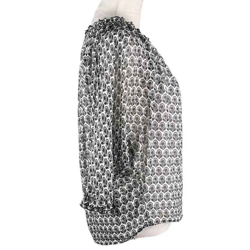 Diane von Furstenberg Silk Blouse 2 Black White Tunic Ruffle Collar - Image 10