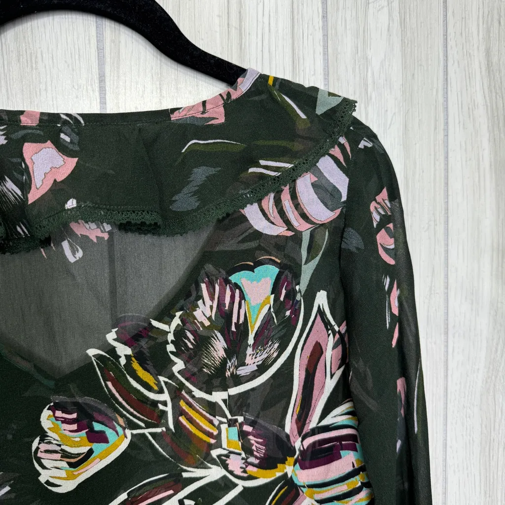 Anthropologie Tryb 100% Silk Floral Sheer Peasant Top Blouse size XS Extra Small - Image 8