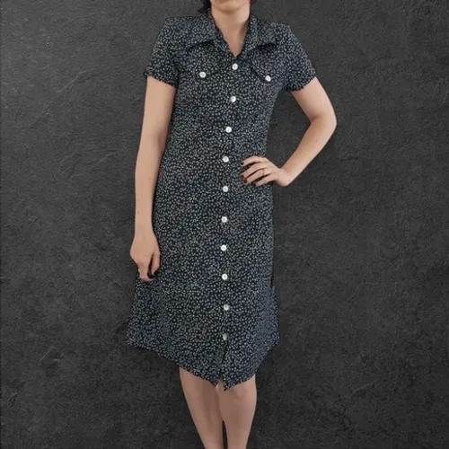 90s Vintage Byer California Womens sz 7 Black Floral Collared Button Midi Dress Size M - Image 3