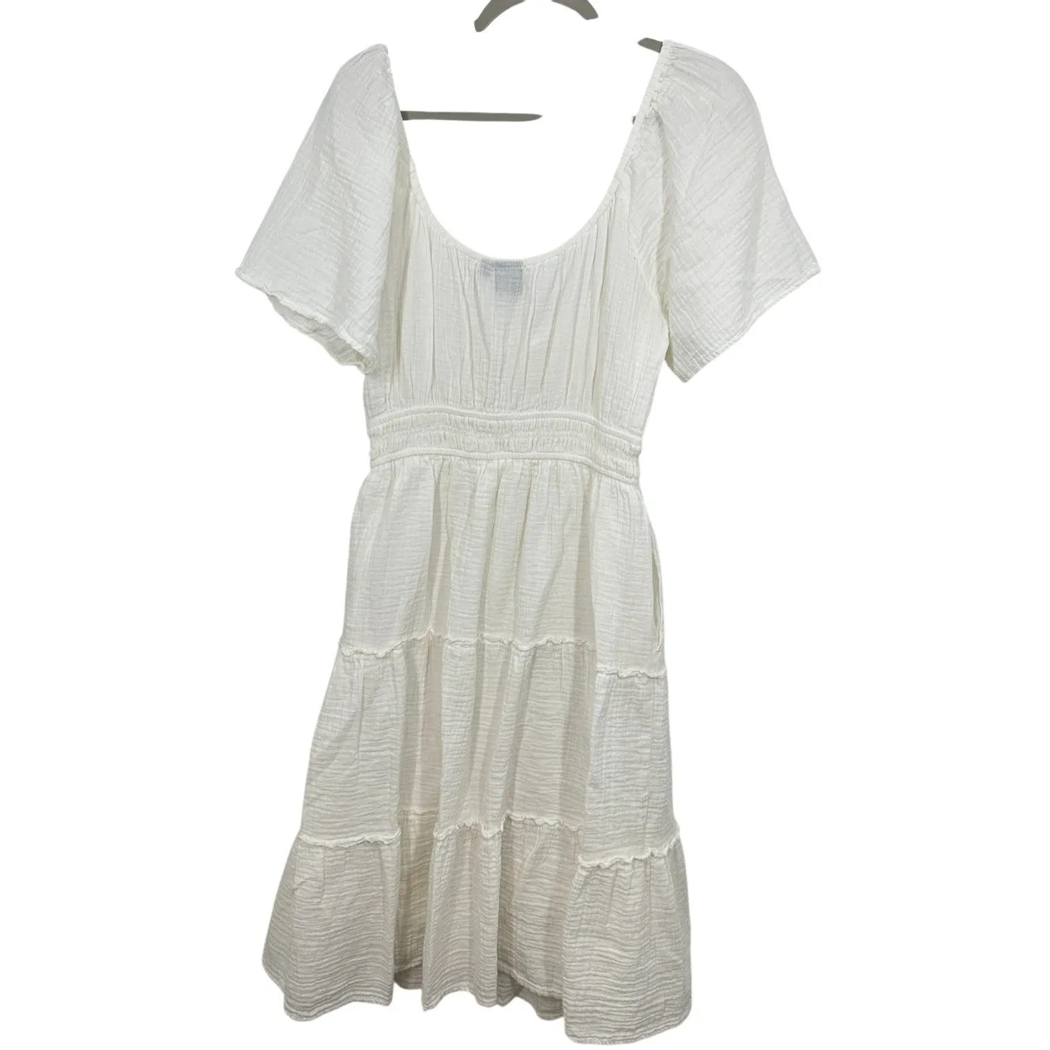 GAP White 100% Cotton Gauze Tiered Smocked Tie Neck Midi Dress Size L Resort - Image 2