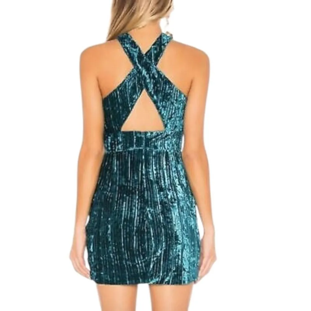New Revolve NBD Abriel Mini Dress Velvet Teal Blue Green Size M Halter - Image 7