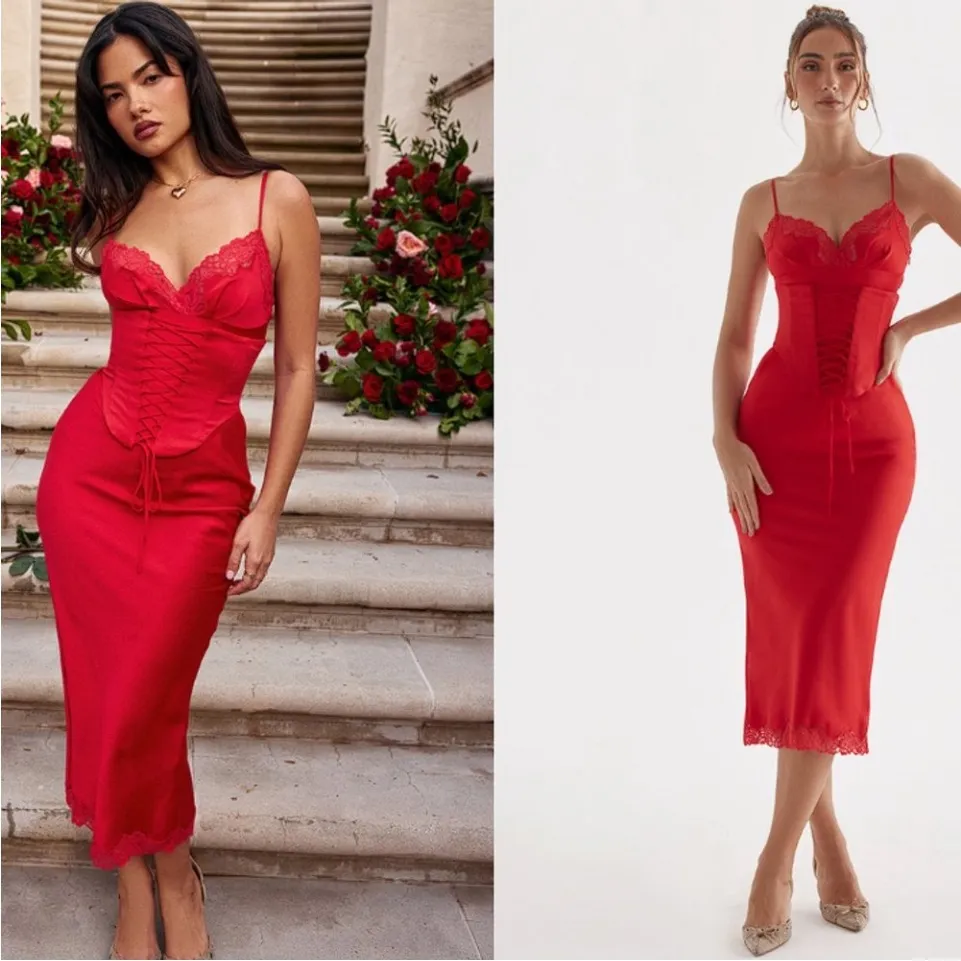 HOUSE OF CB XS D-DD  'Salma'‎ Red Rose Satin Slip Dress NWOT - Image 4