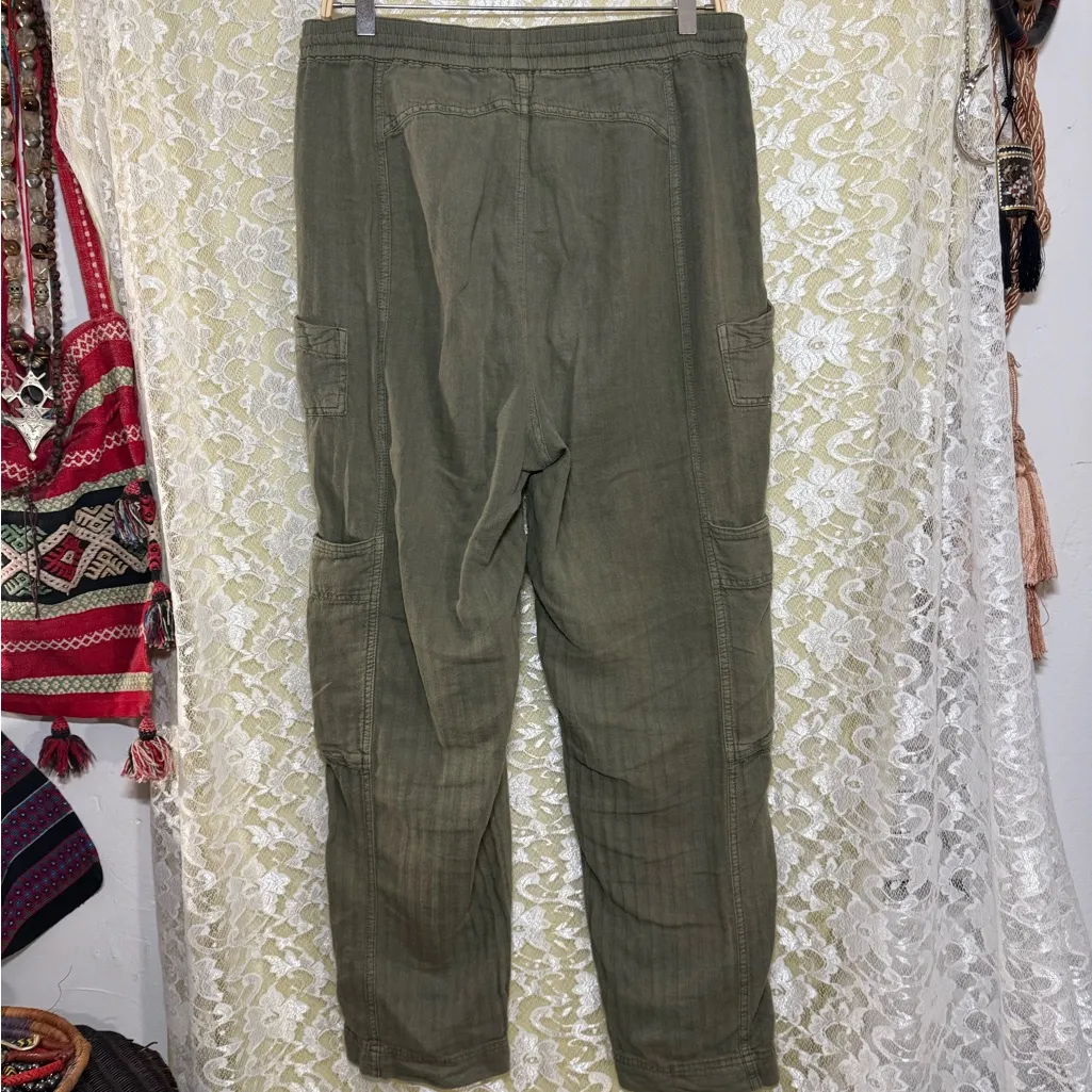 Free People Olive Green Straight / wide Leg Pants cargo pockets linen cotton euc - Image 5