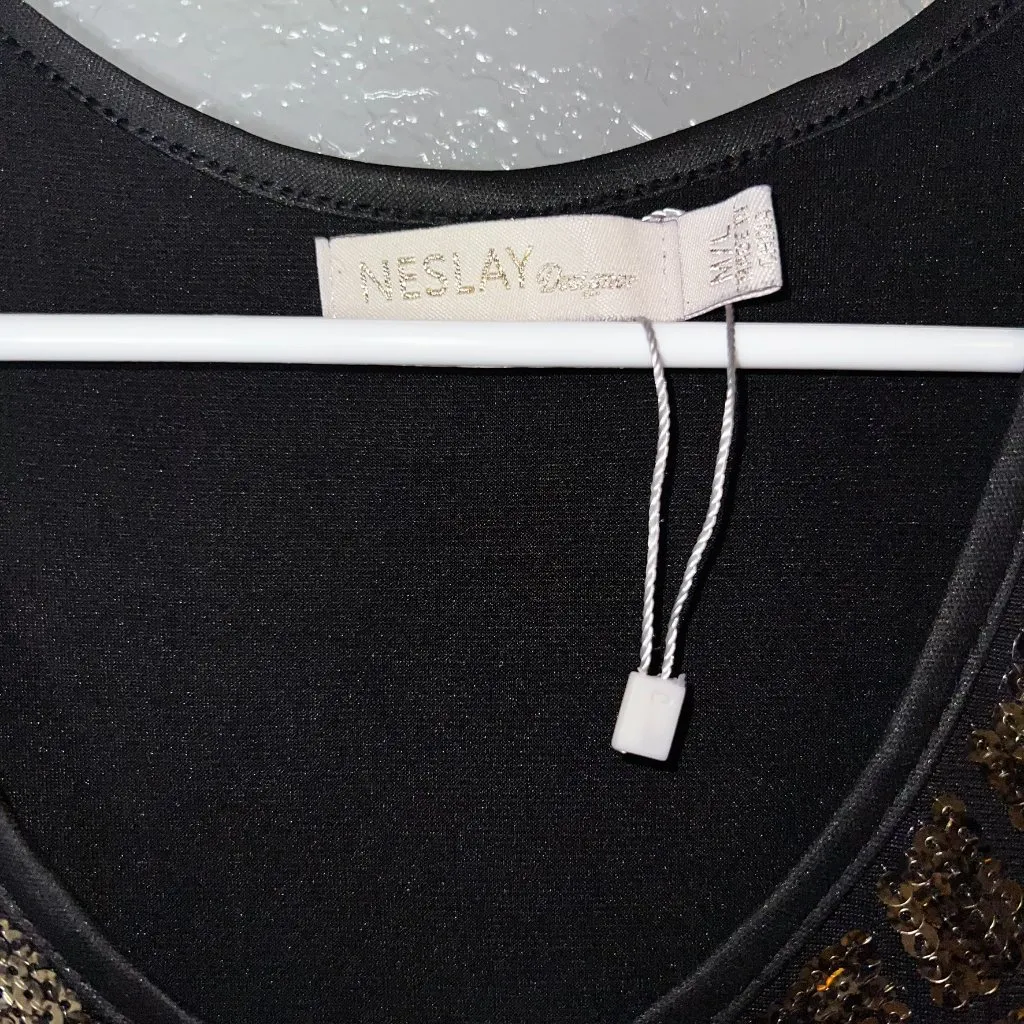 Neslay Design Black Gold Sequin Party Dress Small Glam Bodycon Sparkle - Image 4