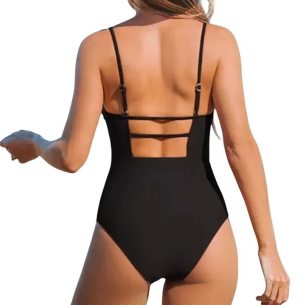 NEW Women's LG CUPSHE SWIMSUIT One Piece Black Strappy Back Rushed Detail NWT - Image 4