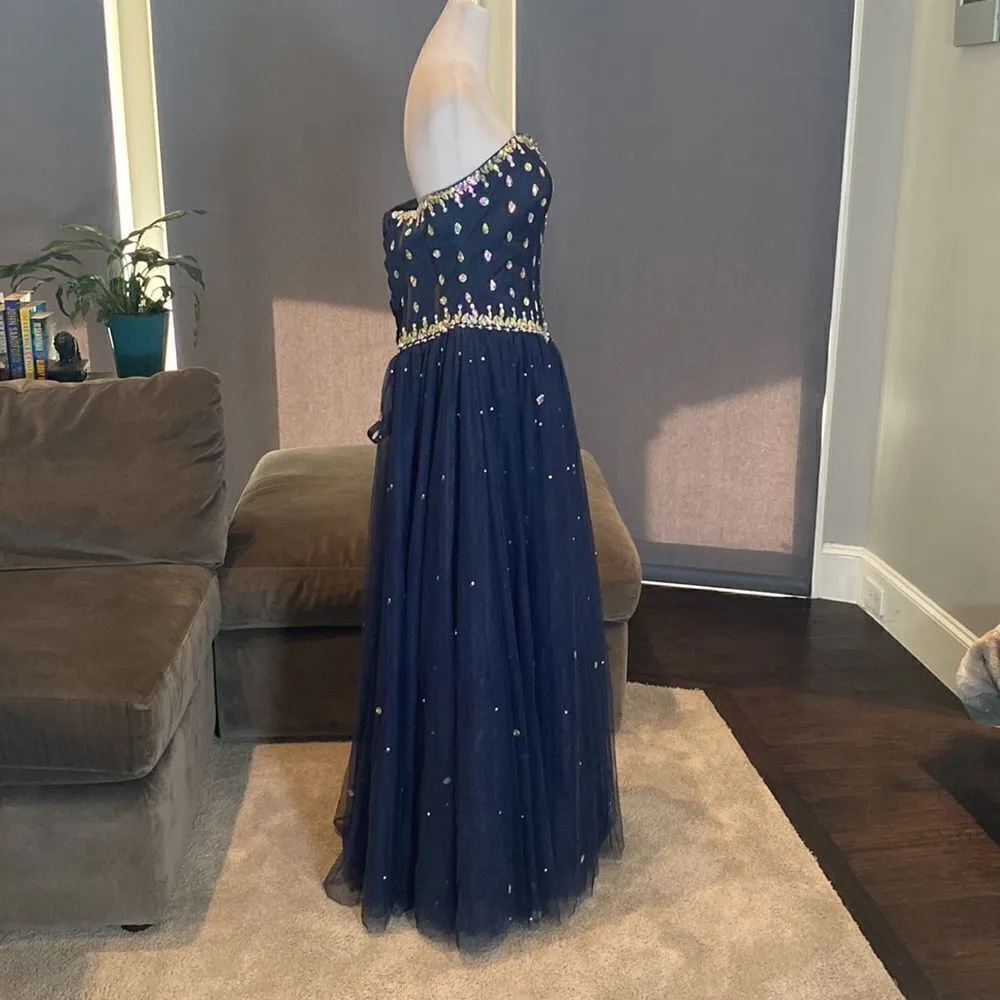 Women’s Blue & Silver Beading Full Length Prom Quinceañera Dress Size 12 NWOT Blue - Image 7
