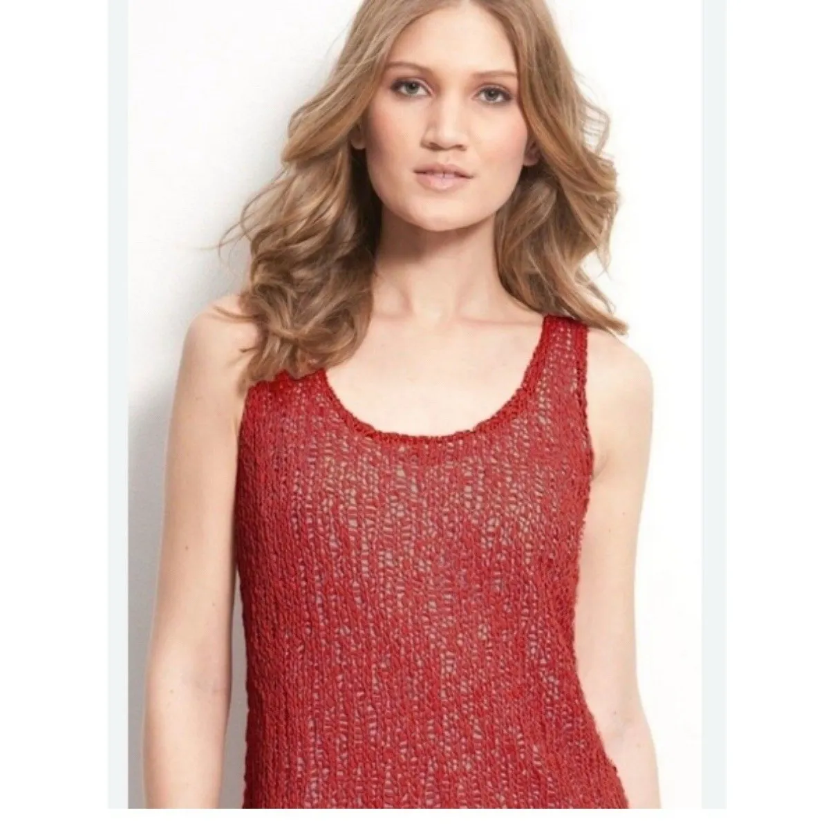 Eileen Fisher Cotton Tape Nubble U-Neck XL Strawberry Red Knit Tank Top #I5-0 - Image 9