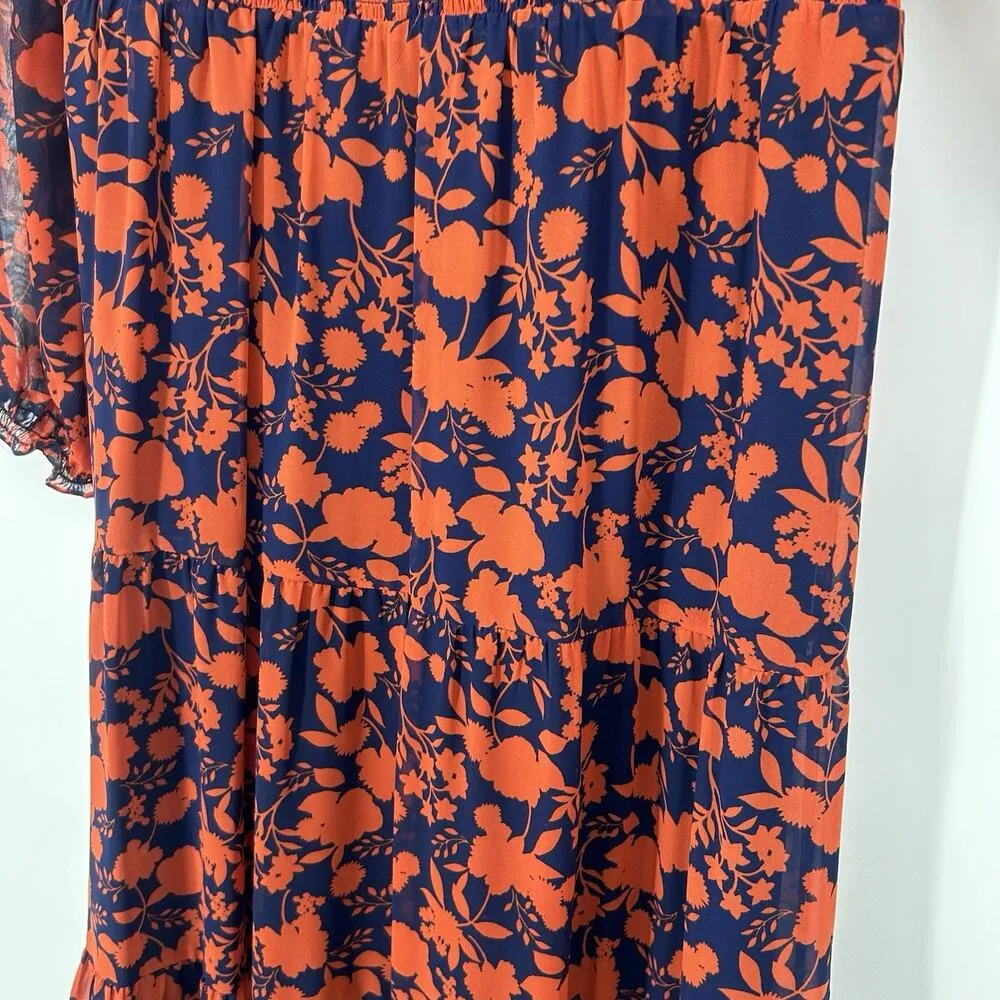 Julia Jordan Smocked Floral Tiered Maxi Dress Orange Blue Sheer Sleeves Size 12 - Image 5
