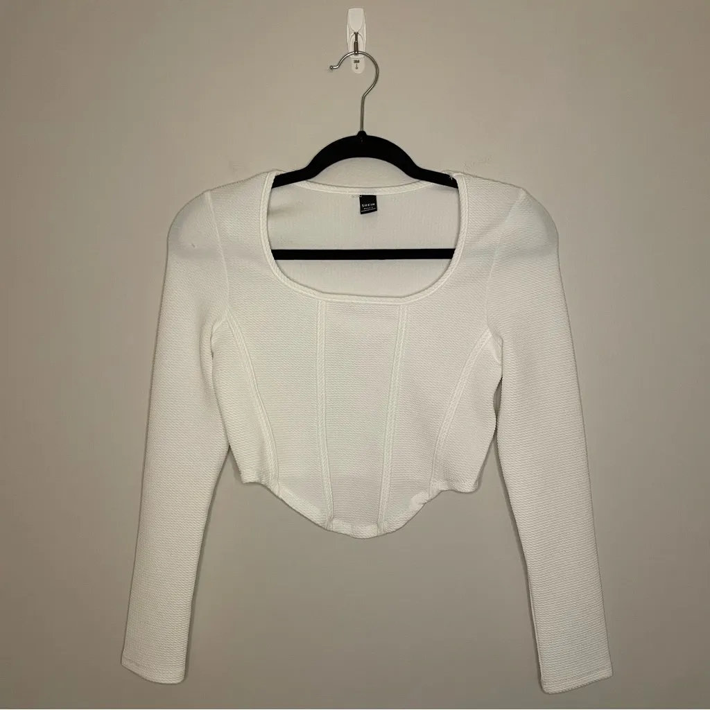 SHEIN Square Neck Cropped Textured Long Sleeve Top, White, Size S, NWOT - Image 3