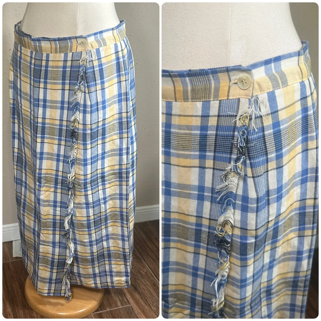 VTG Talbots Tartan Plaid Yellow Blue Fringe True Wrap Maxi Skirt Women's Size 16 - Image 4