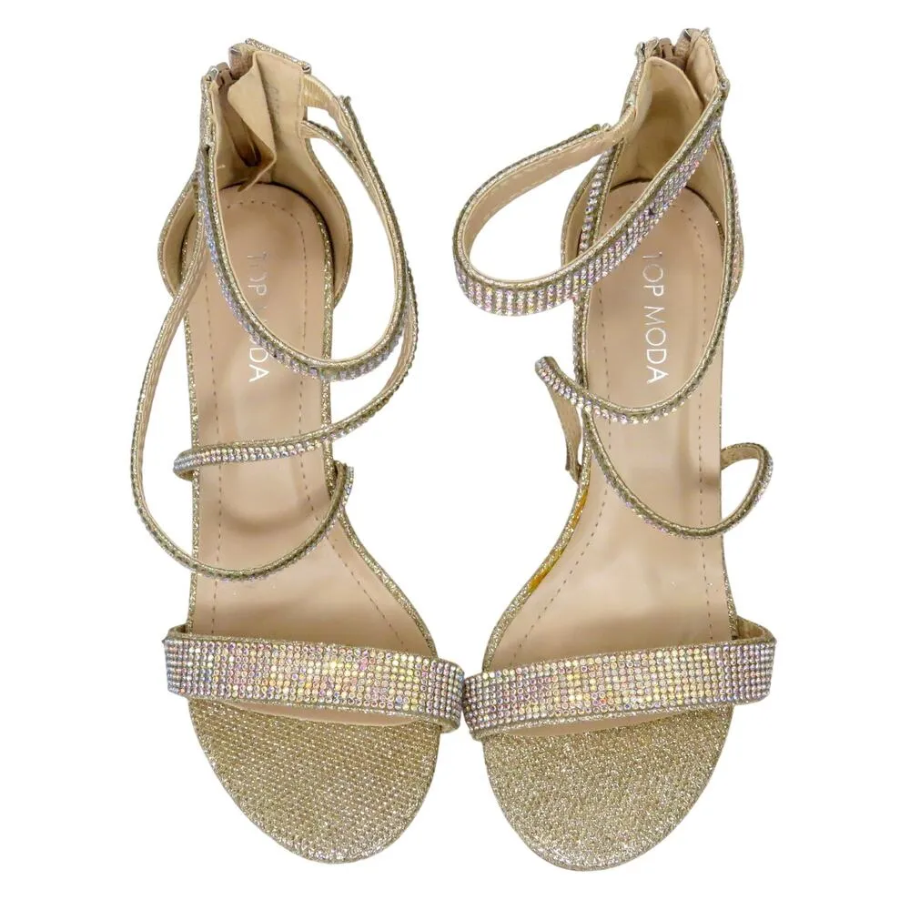 Top Moda Rosa-66 Gold Rhinestone Sparkle Ankle Strap Heels Size 8 - Image 3