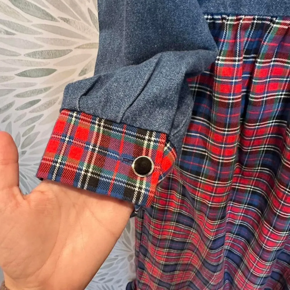 Vintage Alexandra Lee Denim Plaid Long Sleeve Cotton Dress Size 6 Made in USA Blue - Image 6