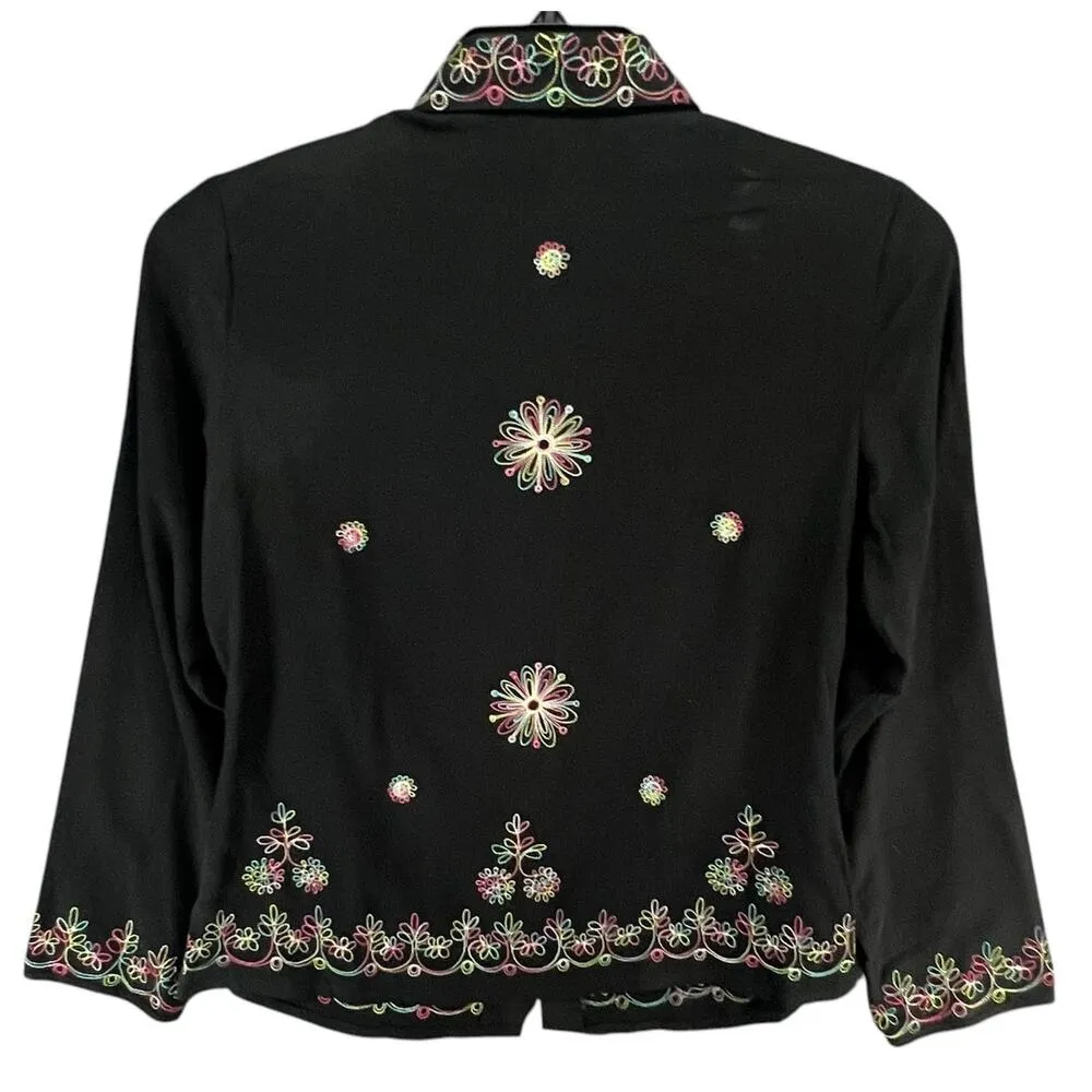 Silkland Y2K Shirt Women S Petite Black Silk Embroider Floral Button Up Boho Art Size undefined - Image 4