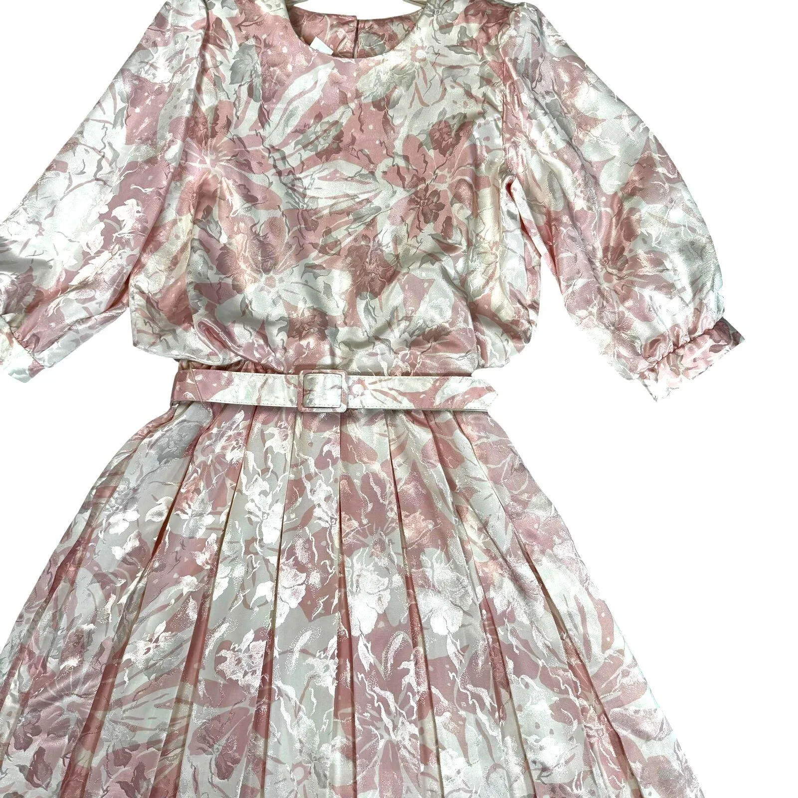 Vintage 80s Von Bramlett Pink Floral Metallic Secretary Dress Size Medium - Image 2