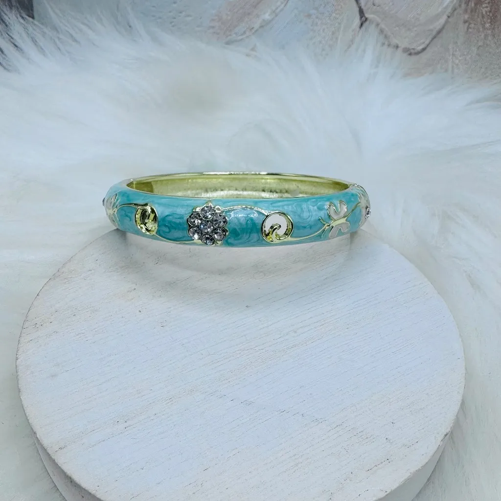 Green Flower Enamel Cloisonne Bracelet Bangle Thick Style - Image 2
