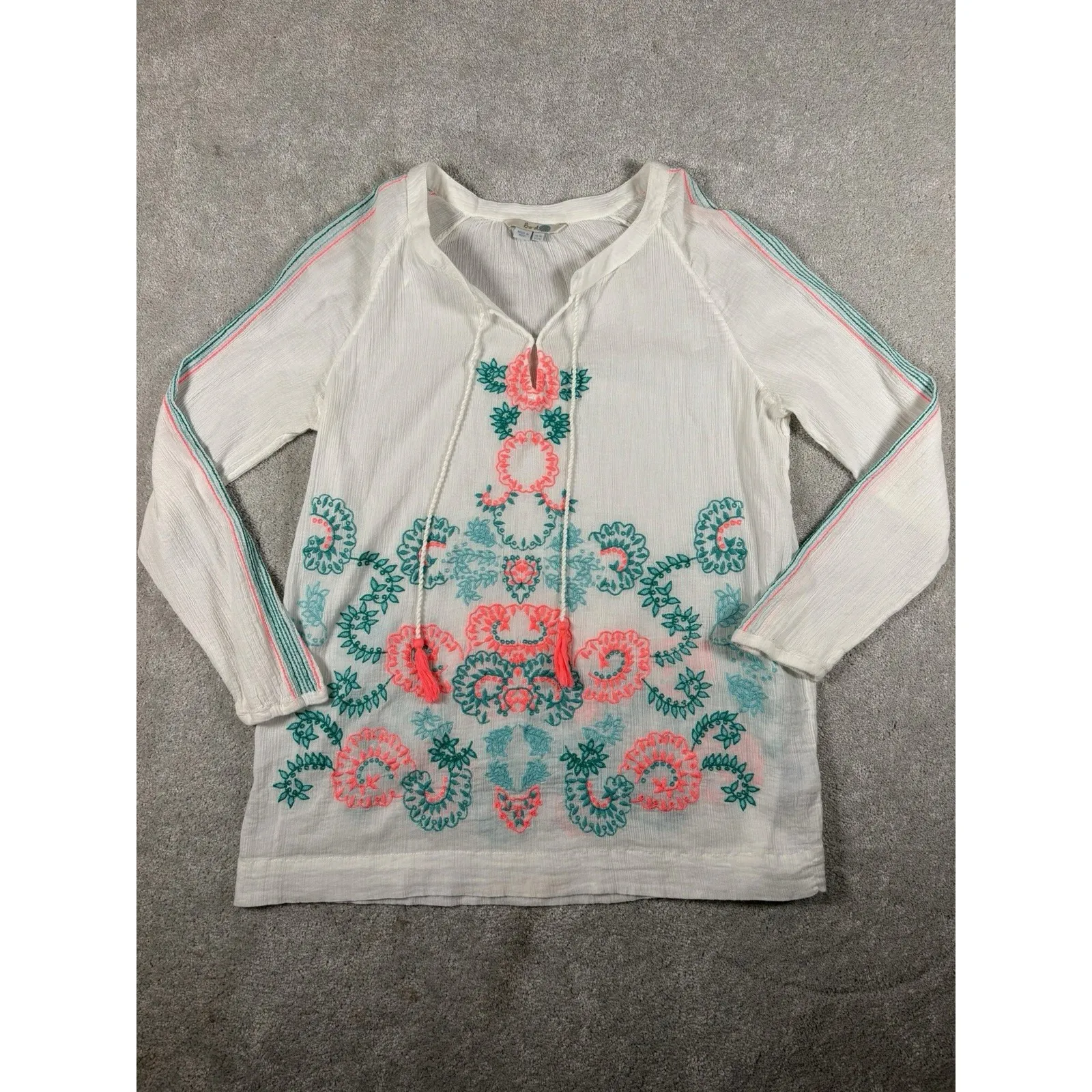 Boden Womens 12 Gauze Boho Peasant Blouse Embroidered Neon Flowers Tassels - Image 2